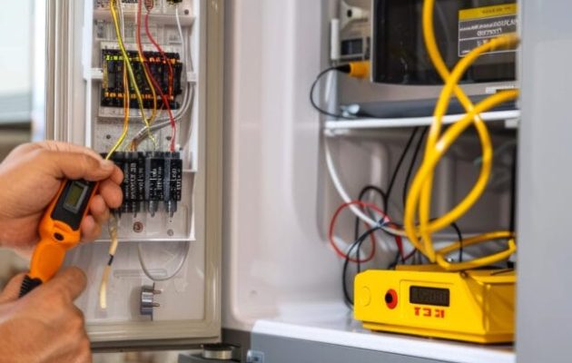 Asian man is using a multimeter to work on an electrical circuit breaker in a kitchen environment. Concept of electrical repair, maintenance, safety inspections, and home renovation Asian man is using a multimeter to work on an electrical circuit breaker in a kitchen environment. Concept of electrical repair, maintenance, safety inspections, and home renovation.