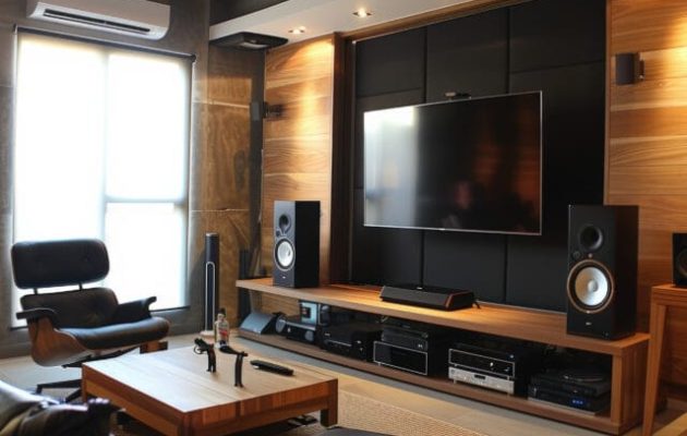 Modern home theater room with large TV, comfortable seating, and Modern home theater room with large TV, comfortable seating, and a sleek entertainment system.